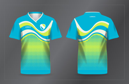 Soccer jersey template with abstract halftone pattern for polo, football, soccer kit or sports uniform. blue and green sport jersey for football and soccer shirt templateのイラスト素材