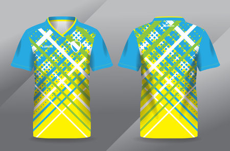Blue and yellow soccer jersey template for football kit or sports uniform. abstract blue green and yellow sport jersey for football and soccer shirt templateのイラスト素材