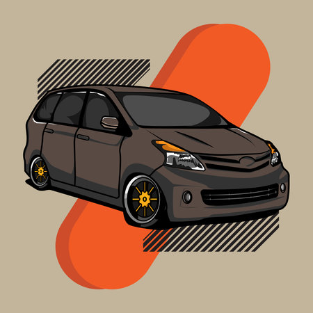 Vector illustration of a black car on a background of orange stripes.のイラスト素材
