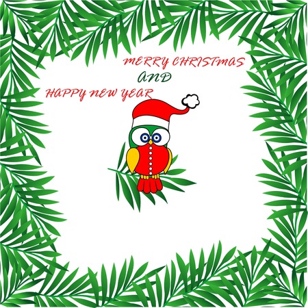 christmas owl santa claus, surrounded by green leaves owl Christmas lineのイラスト素材