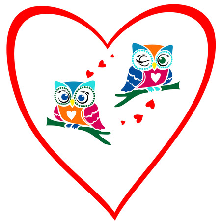 valentine's day card ,, owls in love with red heart,のイラスト素材