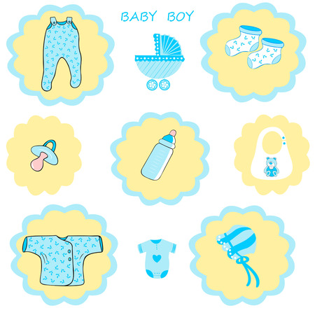 baby boy collection, background cute boy baby, baby shower, cute baby boy clothes on a white backgroundのイラスト素材