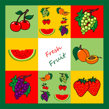 collection of fresh fruit, fruit set, set of 9 seamless colorful, fresh summer fruitsのイラスト素材