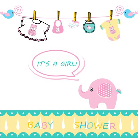 baby girl card announcement, announcement card for baby girl on a white background, baby shower cardのイラスト素材