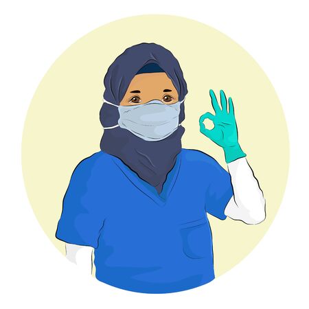 Vector illustration of a female muslim medical health staff wearing hijab posing ok, smiling, feeling strong and happy for fighting with coronavirus during COVID-19 Pandemic Outbreakのイラスト素材