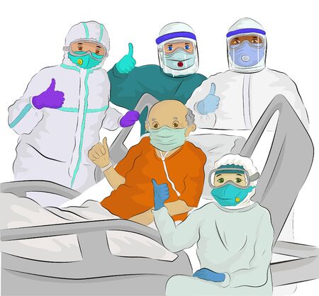 Vector illustration of a senior coronavirus patient wearing a surgical mask, four medical staff with PPE in hospital, feeling strong and happy for fighting with coronavirus during COVID-19 Pandemic Outbreakのイラスト素材