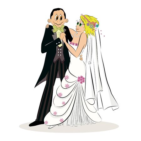 Cartoon colored vector illustration of a wedding couple, bride and a groom hugging each other eye to eye on their wedding dayのイラスト素材