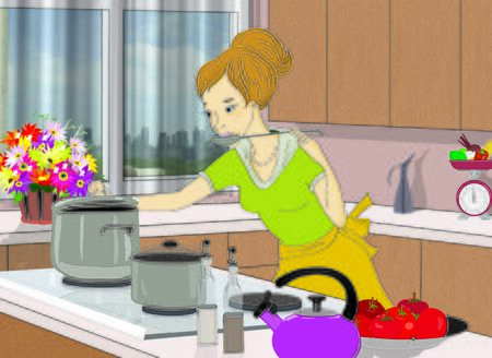 Cartoon illustration of a young woman tasting her meal with a ladle while cooking in her kitchenの写真素材