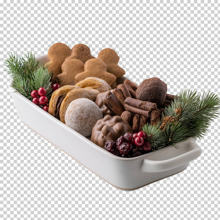 Christmas and New Year cookies in a baking dish isolated on transparent backgroundの素材