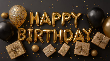 Happy Birthday gold balloon, gift box and golden confetti on black background. 3D Renderingの素材