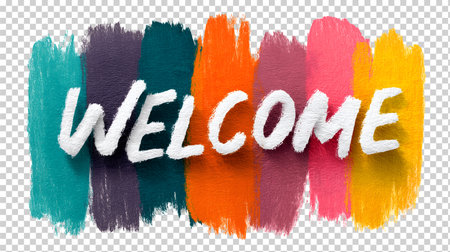 Welcome. Handwritten lettering on colorful brush strokes. Vector illustration.の素材
