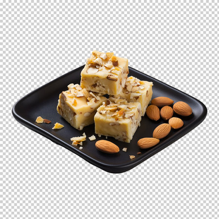 A black plate of caramel fudge with almonds on transparent backgroundの素材