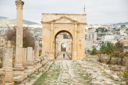 Jerash is the site of the ruins of the Greco-Roman city of Gerasa whose ruins have remained well preserved over timeの写真素材