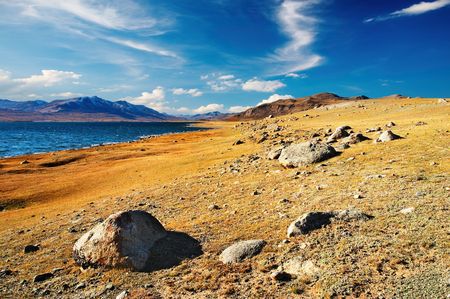 Mountain lake in mongolian wildernessの写真素材