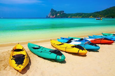 Kayaks on the tropical beach, Phi-Phi Don island, Thailandの写真素材