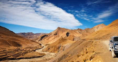 Tibetan landscape with mountains and blue skyの写真素材