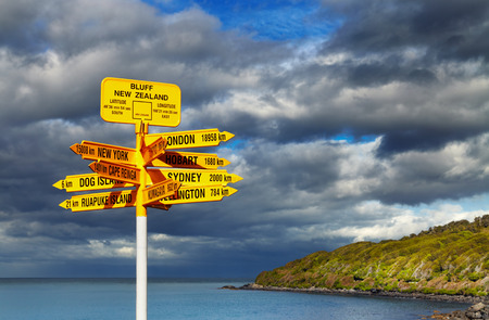 Signpost in the Stirling Point, Bluff, New Zealand   Most southern mainland point of New Zealandの写真素材