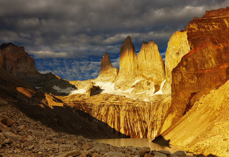 Towers at sunrise, Torres del Paine National Park, Patagonia, Chileの写真素材