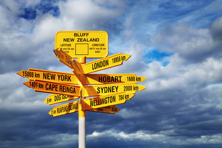 Signpost in the Stirling Point, Bluff, New Zealand.  Most southern mainland point of New Zealandの写真素材
