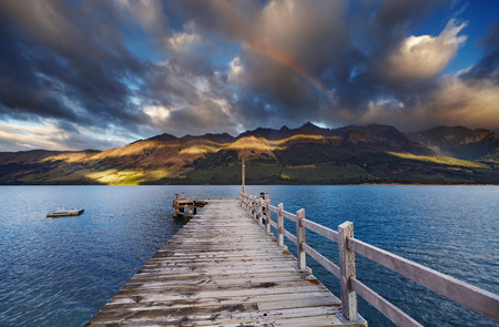 Wooden pier, Wakatipu Lake, Glenorchy, New Zealandの写真素材