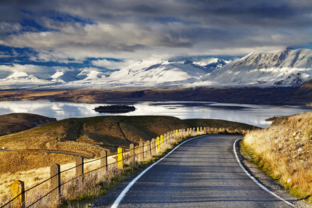 Southern Alps and Lake Tekapo, view from Mount John, Mackenzie Country, New Zealandの写真素材