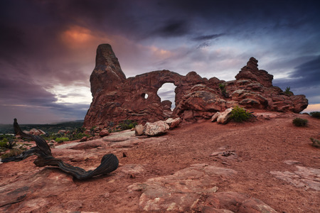 Turret Arch at sunrise, Arches National Park, Utah, USAの写真素材