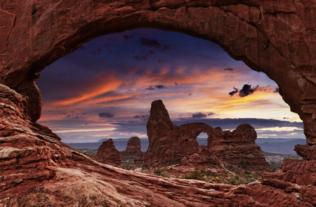 North Window Arch and Turret Arch at sunset, Arches National Park, Utah, USAの写真素材