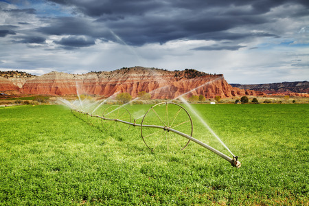 Irrigated agriculture in desert, farm in Utah, USAの写真素材