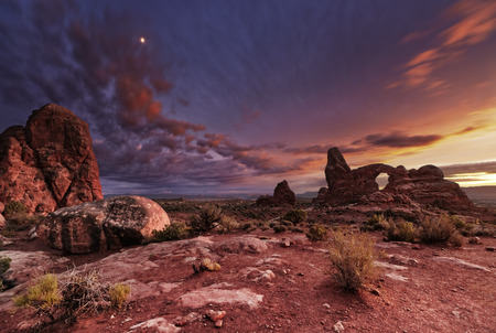 Turret Arch at sunset, Arches National Park, Utah, USAの写真素材