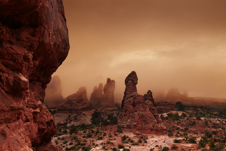 Foggy morning in Arches National Park, Utah, USAの写真素材