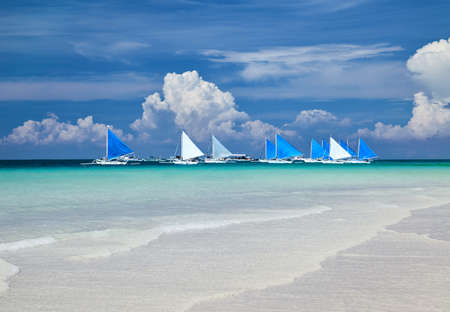 Sailboats in the sea, Tropical beach, Boracay island, Philippinesの写真素材