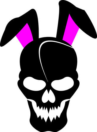 black skull head vector illustration with pink rabbit ears, great for mysterious logos and icons of love, vigilance against love, and love violenceのイラスト素材