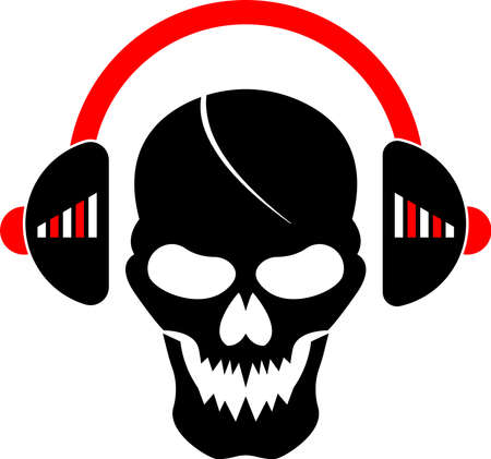 black skull vector illustration with the handset on the side, great for logos and icons of rock music, playing music, loud music, playing musicのイラスト素材