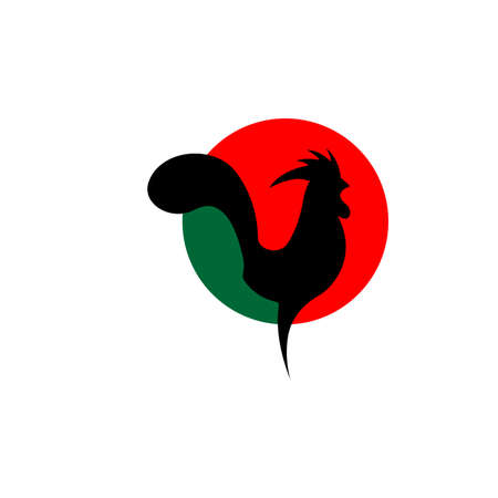 simple vector illustration of a black rooster rooster on a green and red background, great and icons of chicken farms, chicken shops, chicken restaurantsのイラスト素材