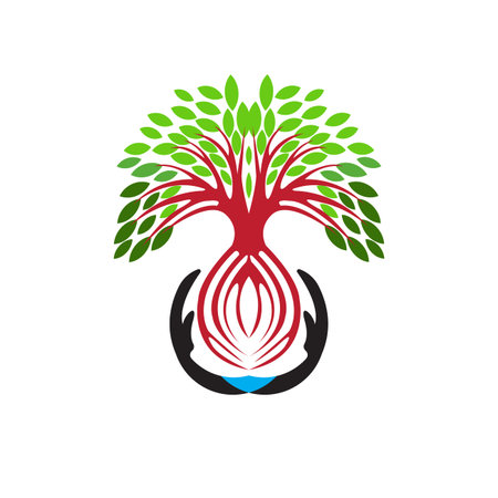 Lush tree vector illustration with two hands guarding the tree, symbolizing protecting nature, great for caring nature logos and iconsのイラスト素材