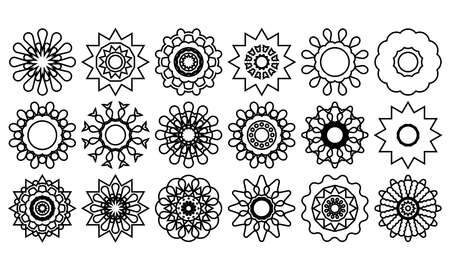 vector illustration of rounded art icon set, black mandala outline. great for wedding invitations and home culture ornaments.のイラスト素材