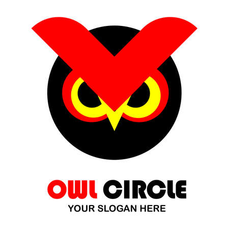 owl vector illustration in black, yellow and red with a circle base shape, simple design great for logos or animal iconsのイラスト素材