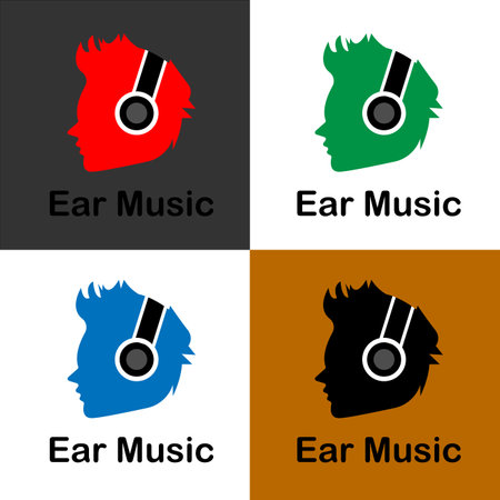 Head with ear music set of color options four logo icons for business music, music production labels, music content. vector concept flat abstract design.のイラスト素材