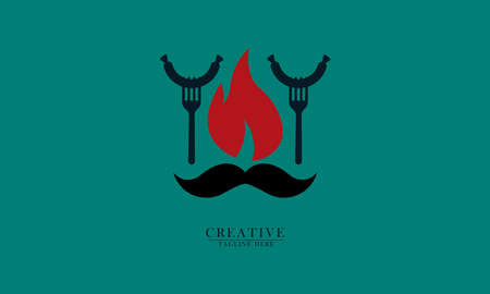 fork pierced scorching fire sausage and thick mustache, great for food and beverage logo icons, food product packaging, t-shirts, chefs. vector concept flat abstract design.のイラスト素材
