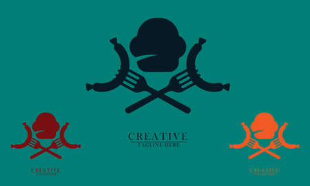 Sausage piercing fork and chef's hat, great for fast food restaurant logo icons, outdoor parties, camps. vector concept flat abstract design.のイラスト素材