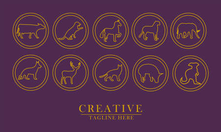 set of animal lines in circles, great for animal logo icons, food packaging, nature.. vector concept flat abstract designのイラスト素材