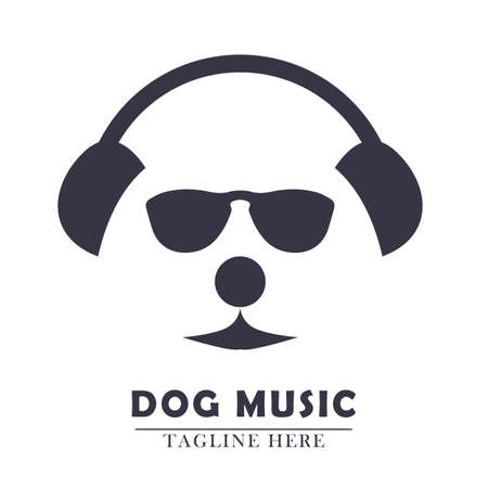 black glasses dog face using earphone flat design abstract icon logoのイラスト素材