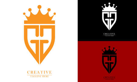 the letter g g forms a shield and is equipped with a golden king crown icon logo. perfect for elegant company logos. vector flat abstract designのイラスト素材
