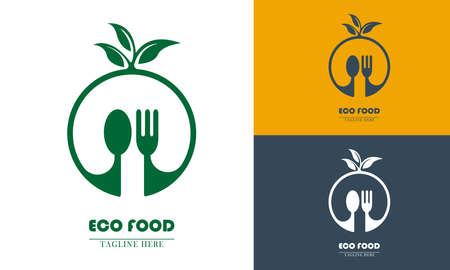 circular fork and spoon plant logo icon. suitable for natural restaurant. vector abstract flat designのイラスト素材