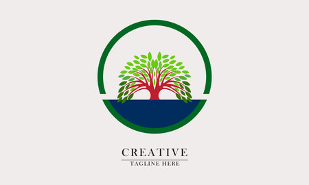 blue water and green tree in circle logo icon. suitable for green nature company. flat design abstract concept vector.のイラスト素材