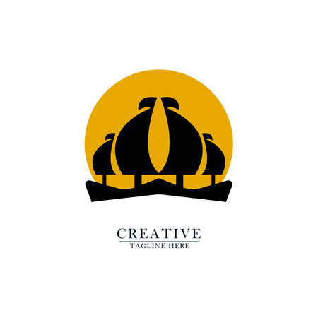 sailing ship in front of the sun logo icon. simple vector flat abstract design.のイラスト素材