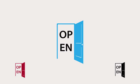 the door opens with the words open with three color choices. abstract flat design vector logo icon.のイラスト素材