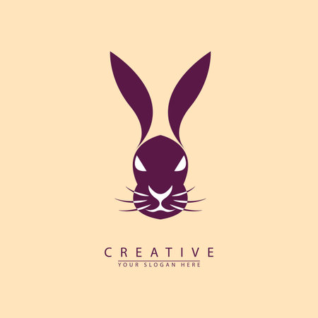 Angry rabbit head, silhouette drawn purple on light pink background isolated. Minimalist style, tattoos. Easter Bunny. animal logoのイラスト素材