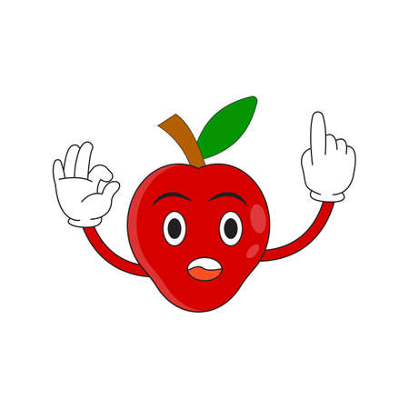 red apple fruit character pointing cute vector logo icon, good for health, children's food intake, nutrition, children's book image.のイラスト素材