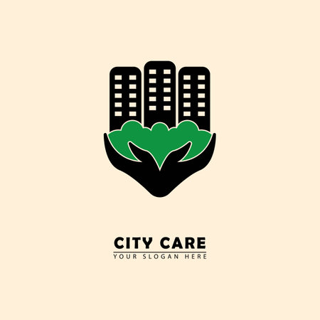 vector care city logo icon. vector graphics of green nature and hand combination building, simple elegant flat style.のイラスト素材